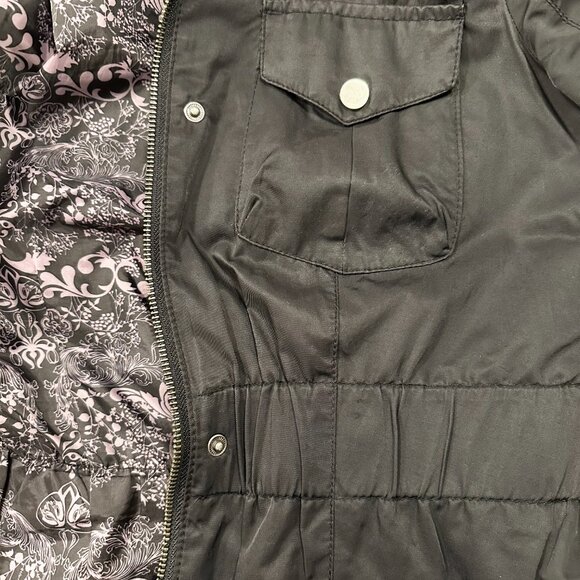 Black Casual Jacket Womans Size Small Full Zip Hidden Hood Elastic Waist - Picture 10 of 11